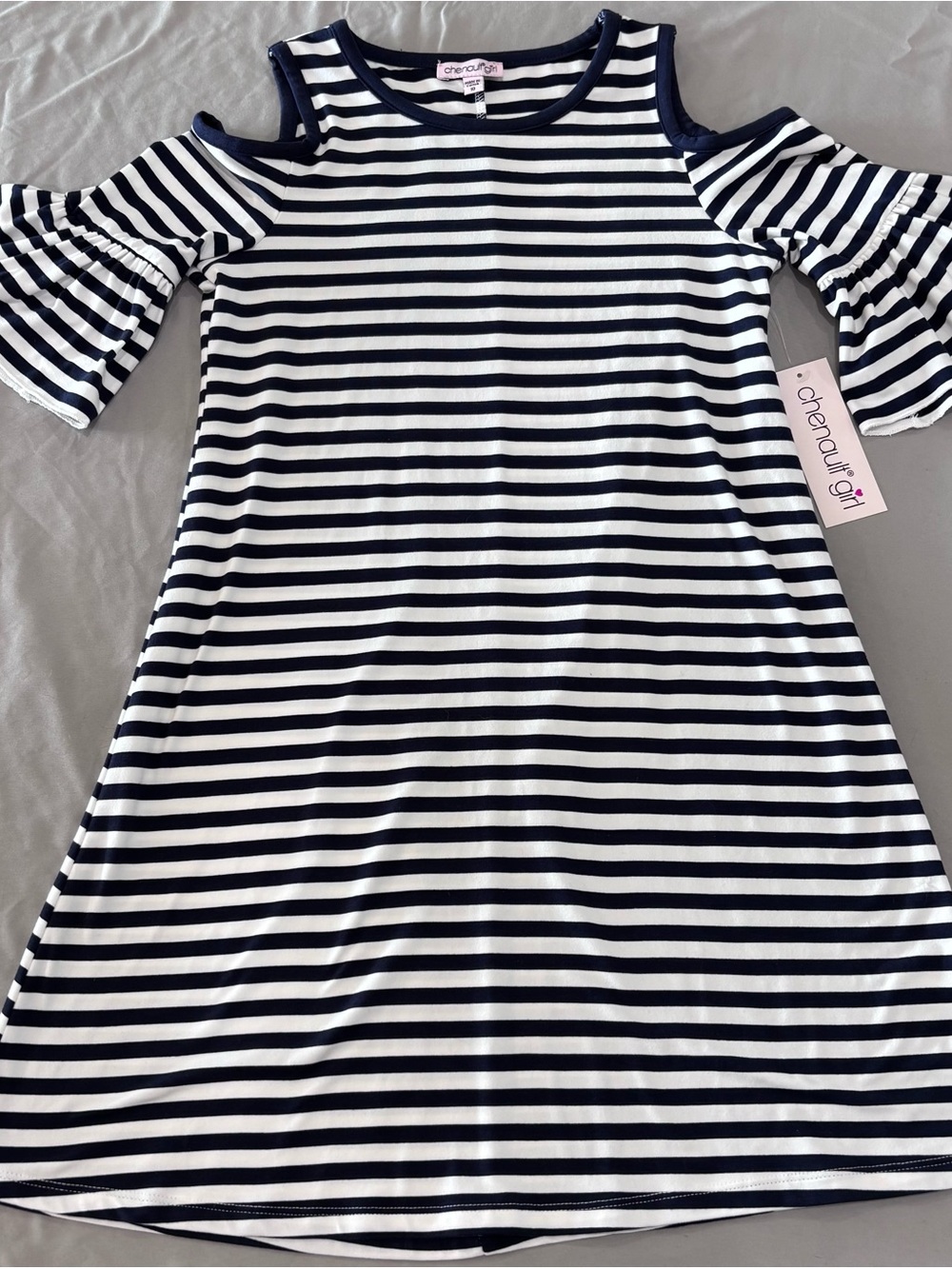 NWT Chenault Girl Navy Striped Cold Shoulder Bell Sleeve Dress Size 10